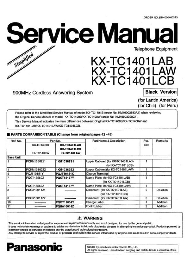 KX-TC1401LAB, KX-TC1401LAW, KX-TC1401LCB Sch